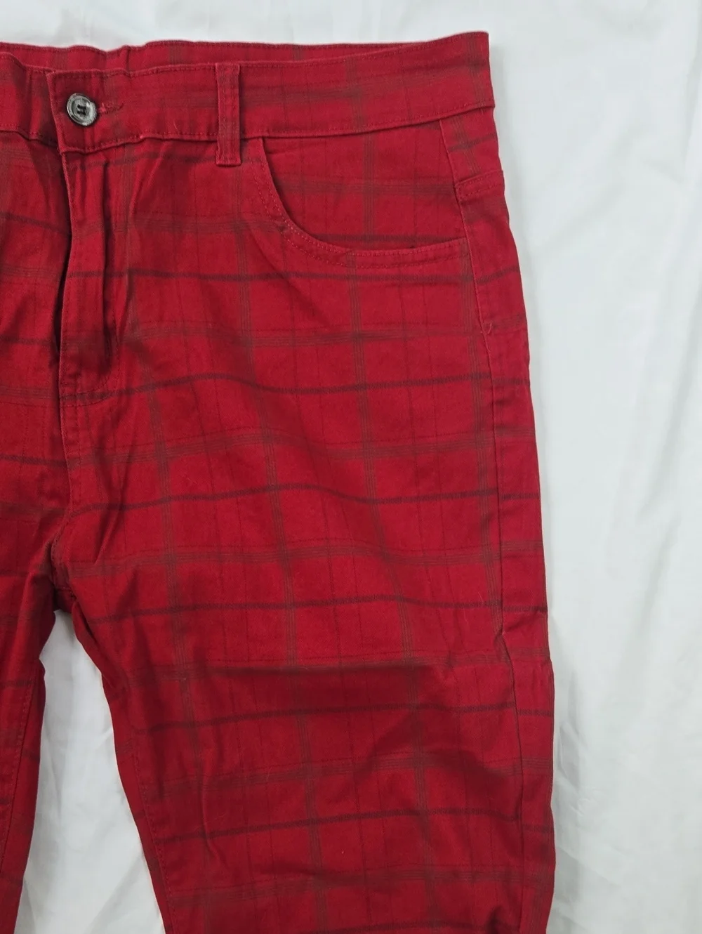 Men's Red Plaid Pants, Plaid Lines Black And Some Blue